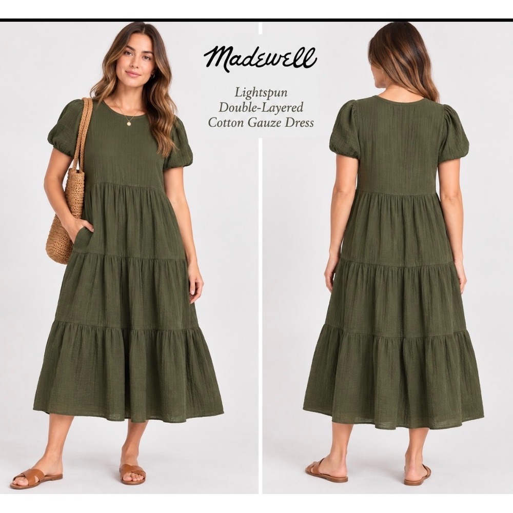 Madewell Lightspun Double Gauze Tiered Midi Dress Green Cotton Size Medium
